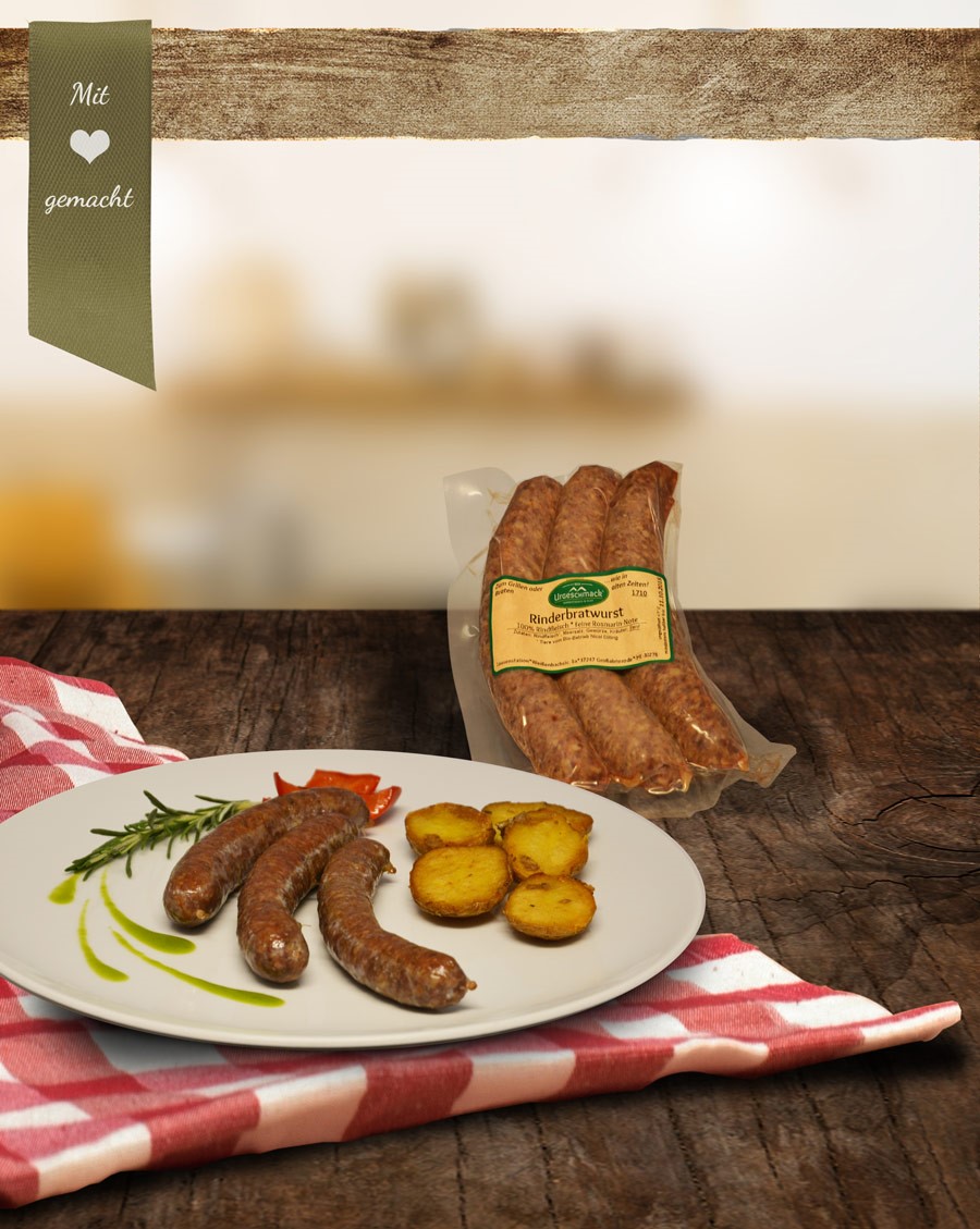 Rinder-Bratwurst mit Steinpilzen u. Rosmarin * 3erPck * Rinder-Bratwurst mit Steinpilzen u. Rosmarin * 3erPck *
